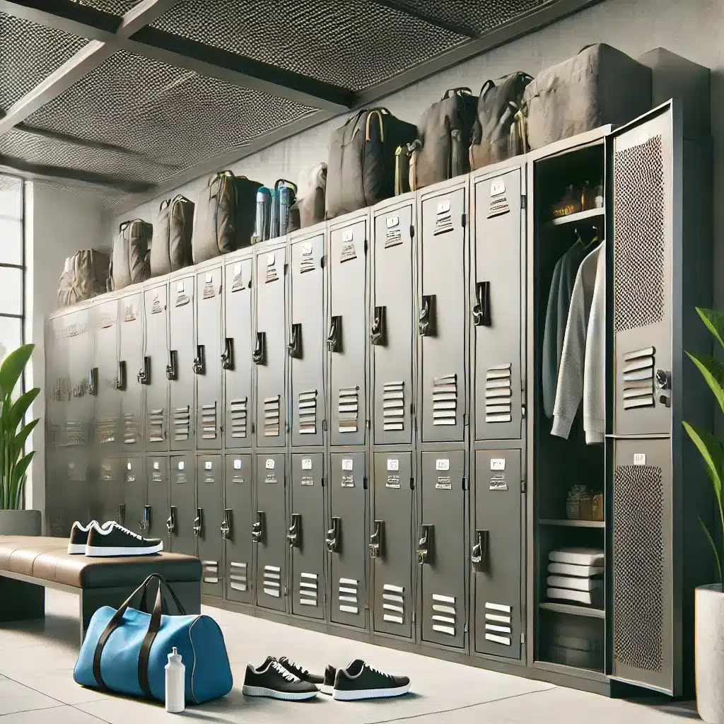 Um ambiente limpo com lockers de aço organizados.